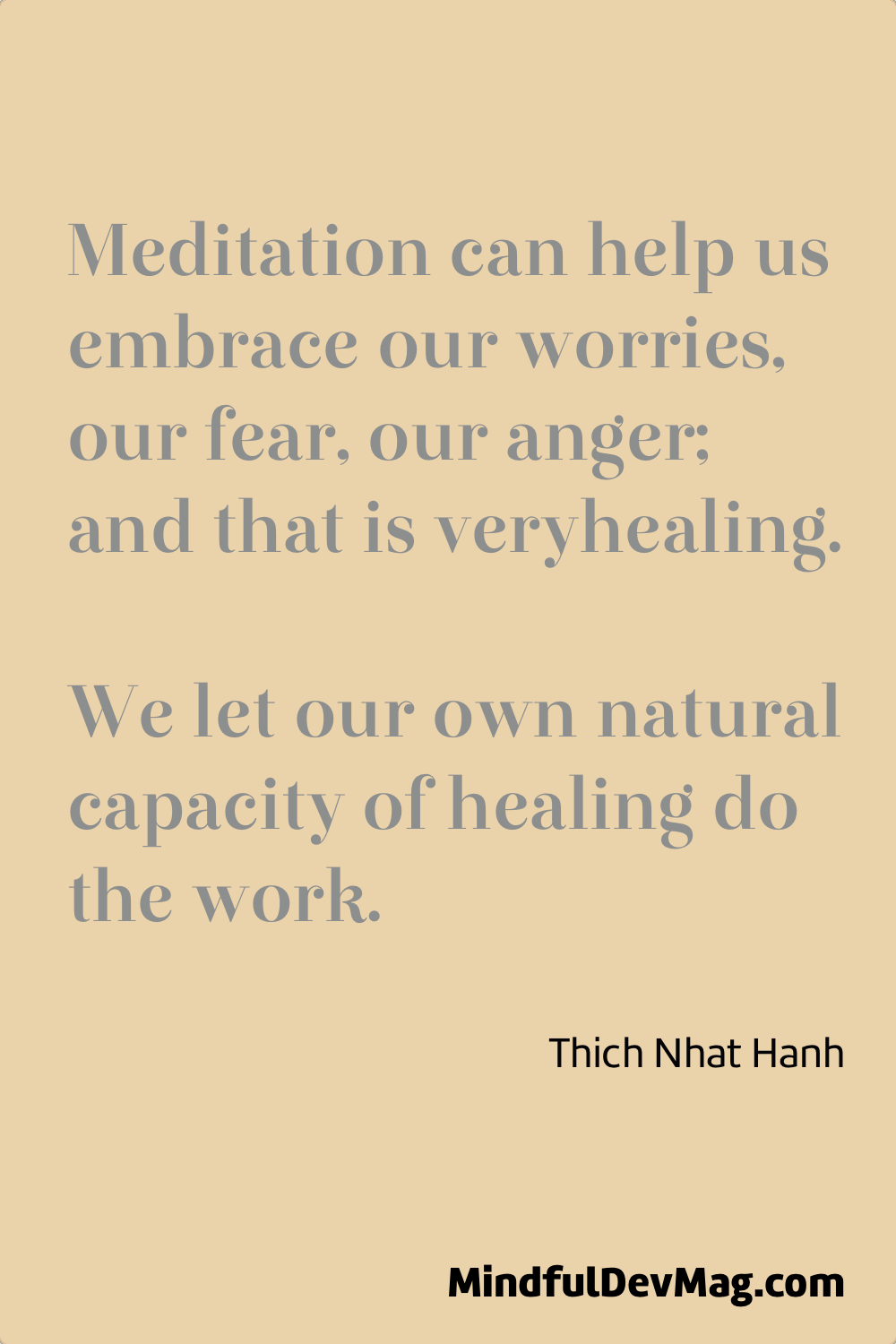 Mindful quote: Meditation can help us embrace our worries, our fear, our anger; and that is very healing. We let our own natural capacity of healing do the work.  - Thich Nhat Hanh